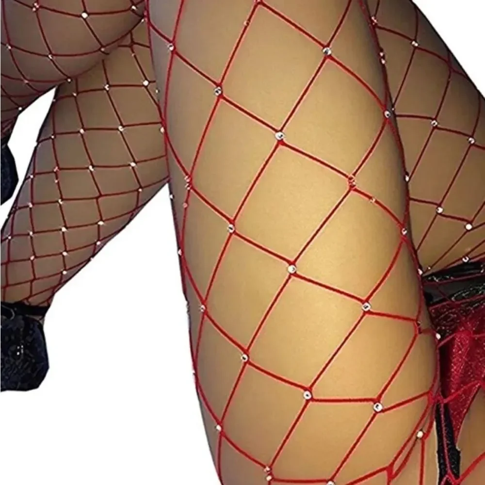 Red rhinestones wide fishnet hosiery tights stockings